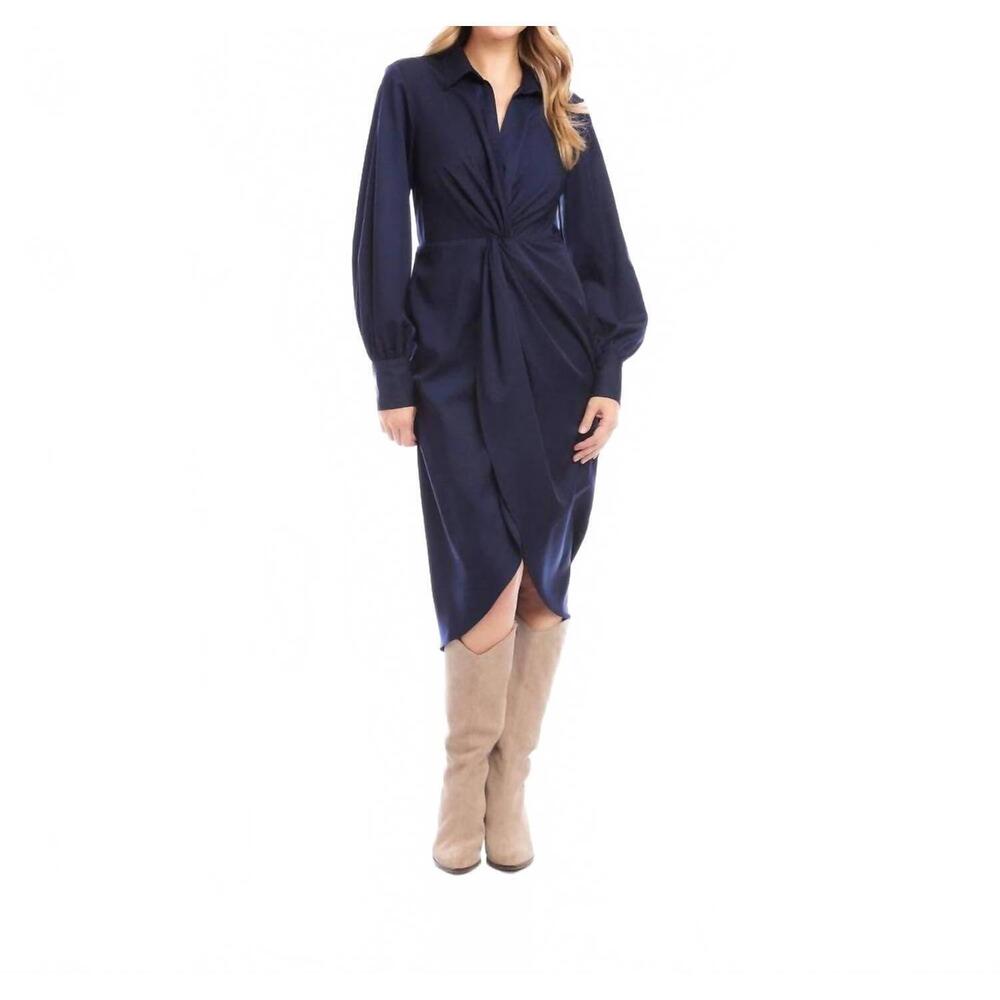 NEW KAREN KANE savannah twist front sateen midi dress in navy